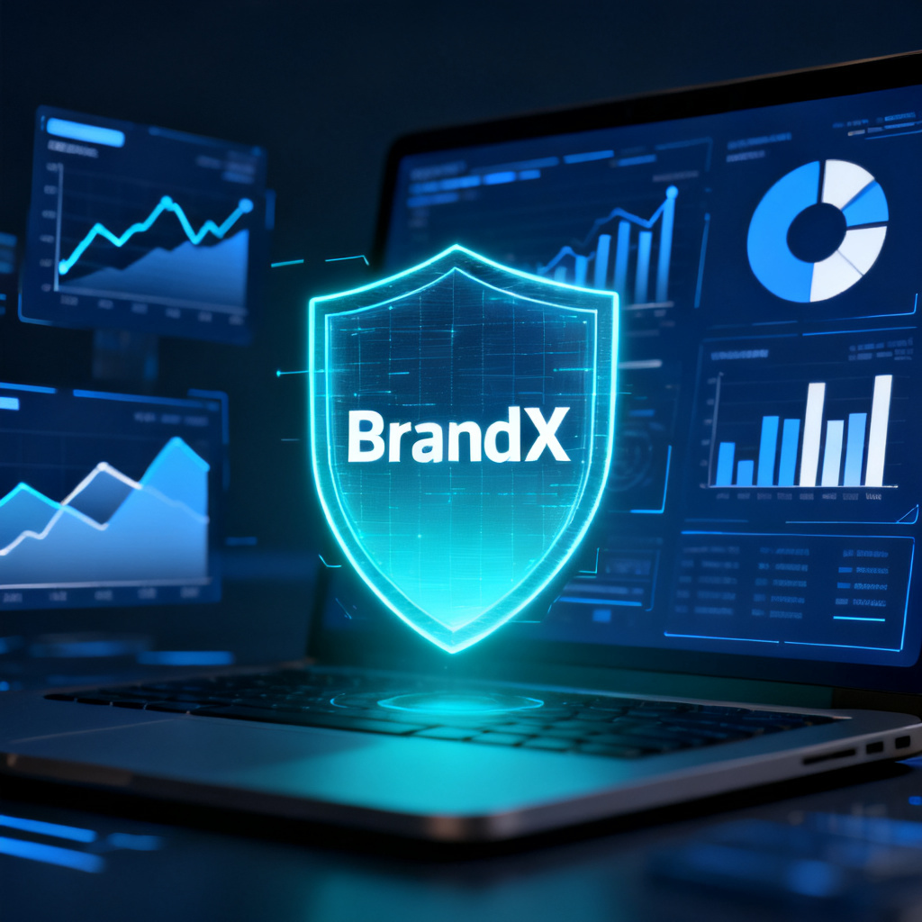 A modern user interface concept showing a brand name being scanned by a luminous shield icon, with digital analysis charts floating in the background, symbolizing AI brand perception monitoring, dark blue tech style, highly detailed
