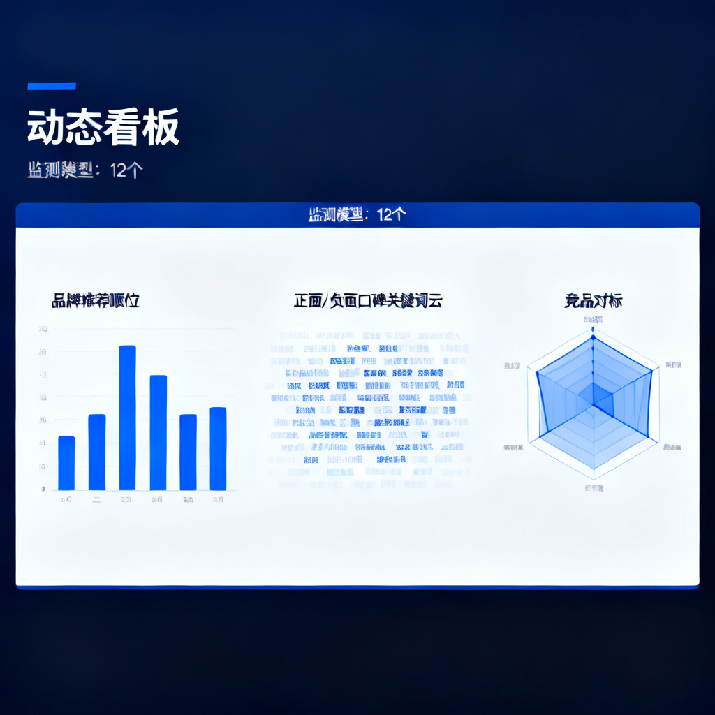 动态看板截图展示品牌AI北极星的可视化报告,左侧为“品牌推荐顺位”柱状图,中间为“正面/负面口碑关键词云”,右侧为“竞品对标”雷达图,顶部显示“监测模型:12个”,整体配色为深蓝和白色