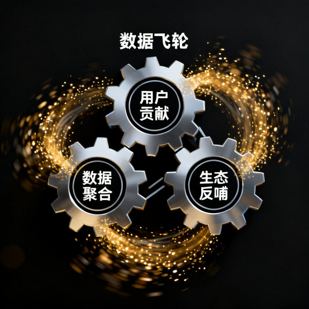 一个抽象的“数据飞轮”图标，由三个互锁的齿轮组成。第一个齿轮上标注“用户贡献”，第二个标注“数据聚合”，第三个标注“生态反哺”。齿轮转动时带出闪烁的粒子流。