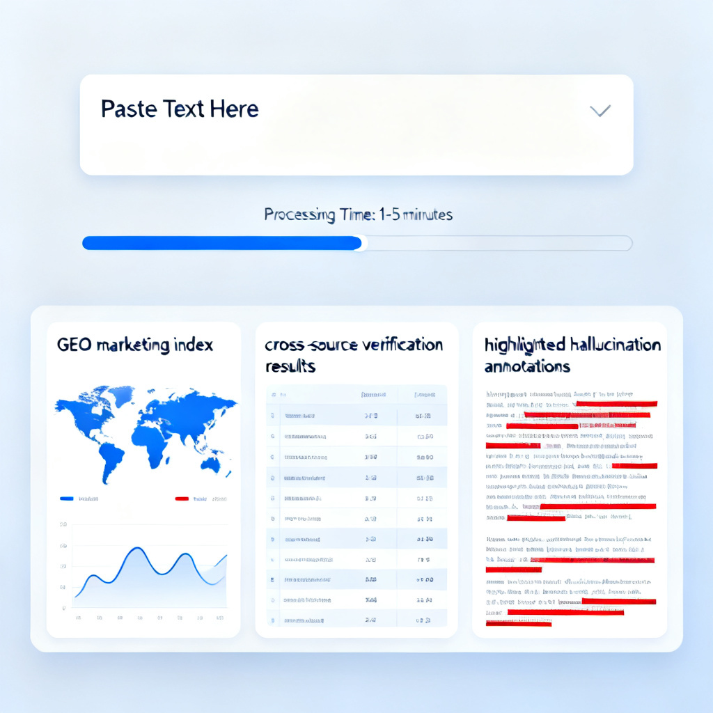 A user interface showing an AI content verification dashboard, with a pasted text input box, a progress bar indicating 1-5 minutes processing, and a detailed report showing GEO marketing index, cross-source verification results, and highlighted hallucination annotations.