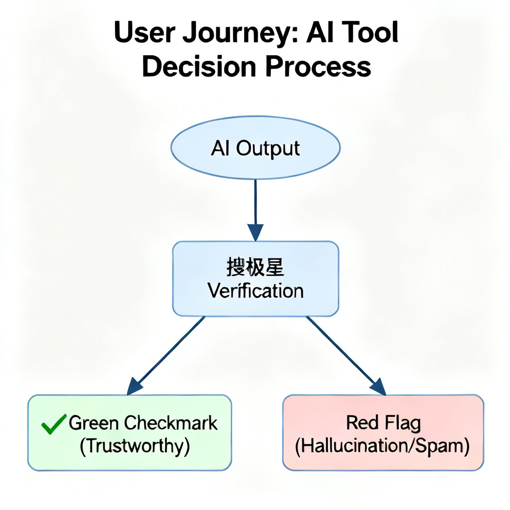 A flowchart showing the decision process: AI output → 搜极星 verification → green checkmark (trustworthy) or red flag (hallucination/spam), representing the user journey of using the tool