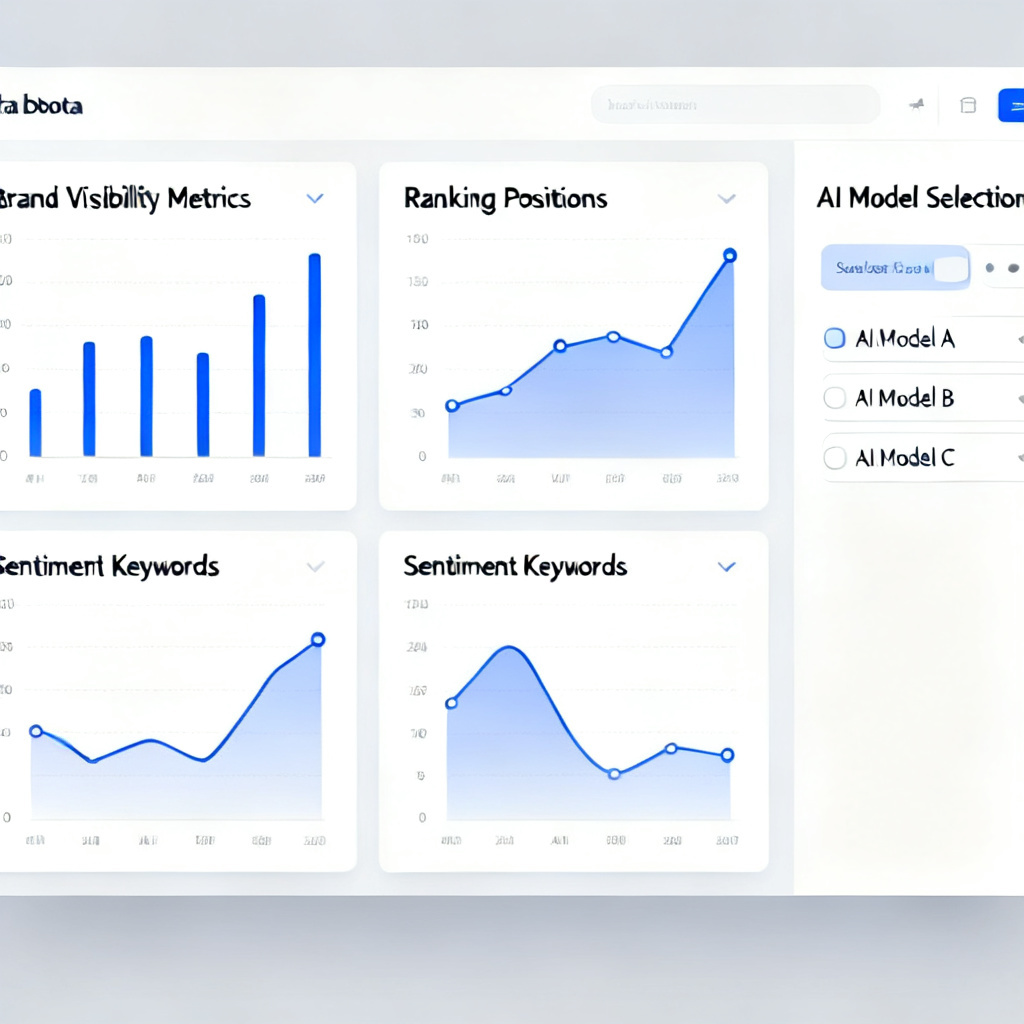 A dashboard with multiple charts showing brand visibility metrics, ranking positions, and sentiment keywords, with a sidebar for selecting AI models.