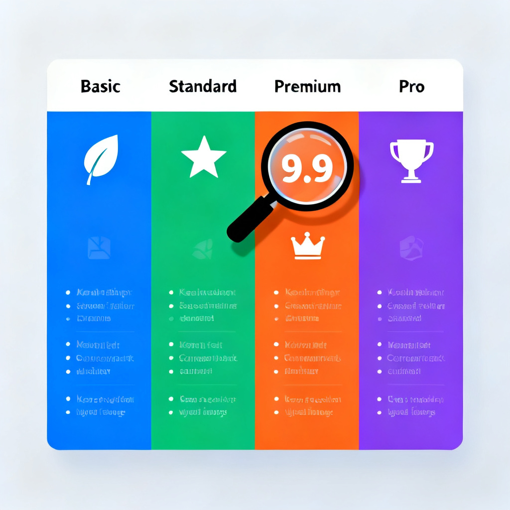 A comparison table with four columns representing different pricing tiers, each with a distinct color and icon, with a magnifying glass highlighting the "9.9" price tag.