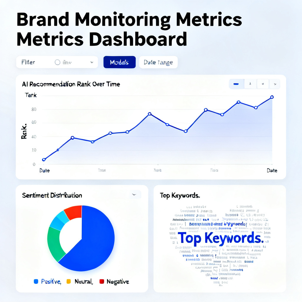 A dynamic dashboard interface showing brand monitoring metrics: line chart of AI recommendation rank over time, pie chart of sentiment distribution, and word cloud of keywords, with filter options for models and date range