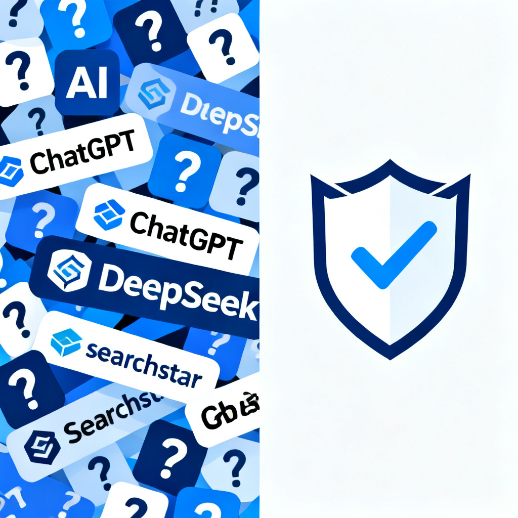 A split-screen comparison. Left side: chaotic AI logos (ChatGPT, DeepSeek, etc.) with question marks. Right side: a clean, shield-shaped logo with a checkmark, representing searchstar. Style: minimalist, modern, blue and white color scheme.