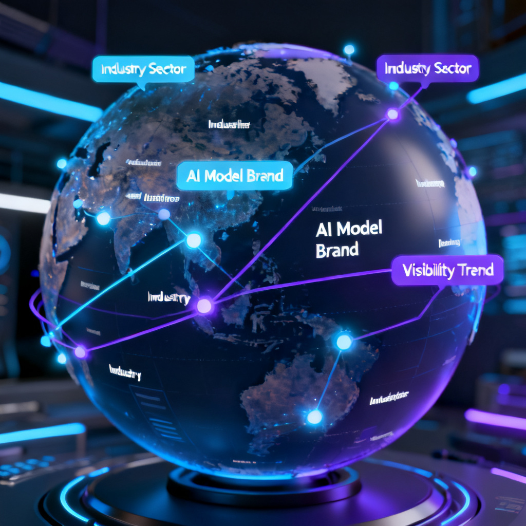 A futuristic 3D globe interface showing real-time AI Index data for thousands of industries, with interactive data points and trend lines representing brand visibility across AI models
