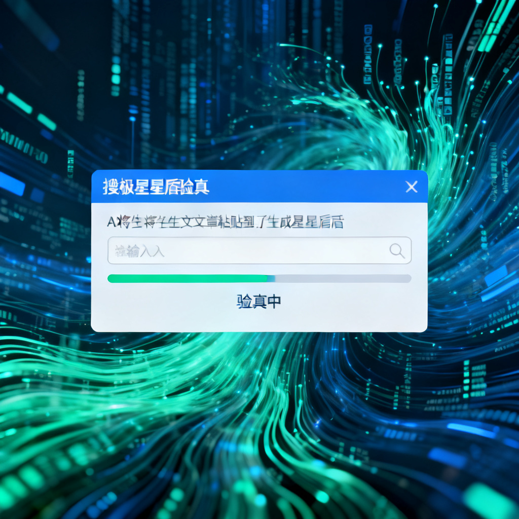 一个用户将AI生成的文章粘贴到搜极星星盾验真输入框,界面显示“验真中”的进度条,背景是数据流动的抽象图