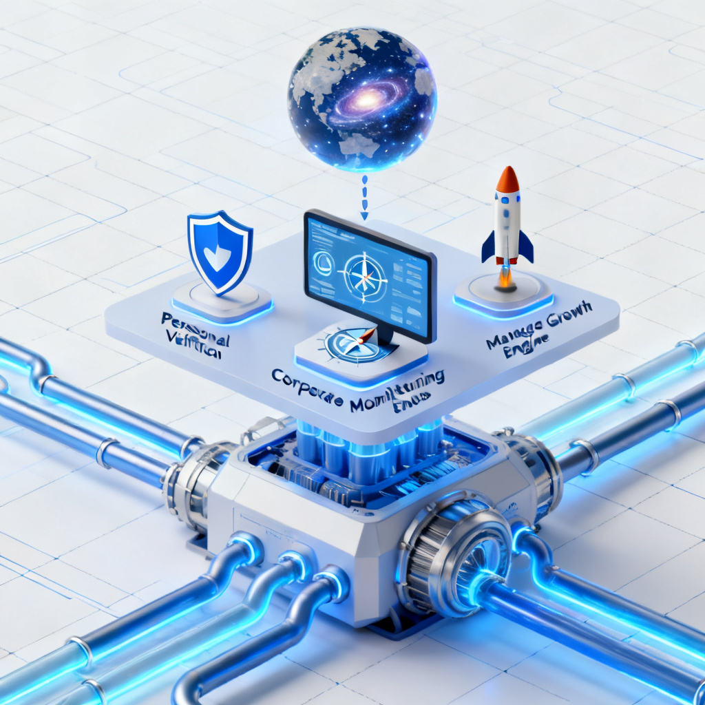 A conceptual illustration of the value chain of a data platform. At the bottom, a massive data engine with glowing blue pipelines feeds into three layers: a personal verification tool (shield icon), a corporate monitoring dashboard (compass icon), and a managed growth engine (rocket icon). Above them, a global data sphere (galaxy icon) connects all layers. The image emphasizes scalability and integration, with a clean white background and subtle grid lines.
