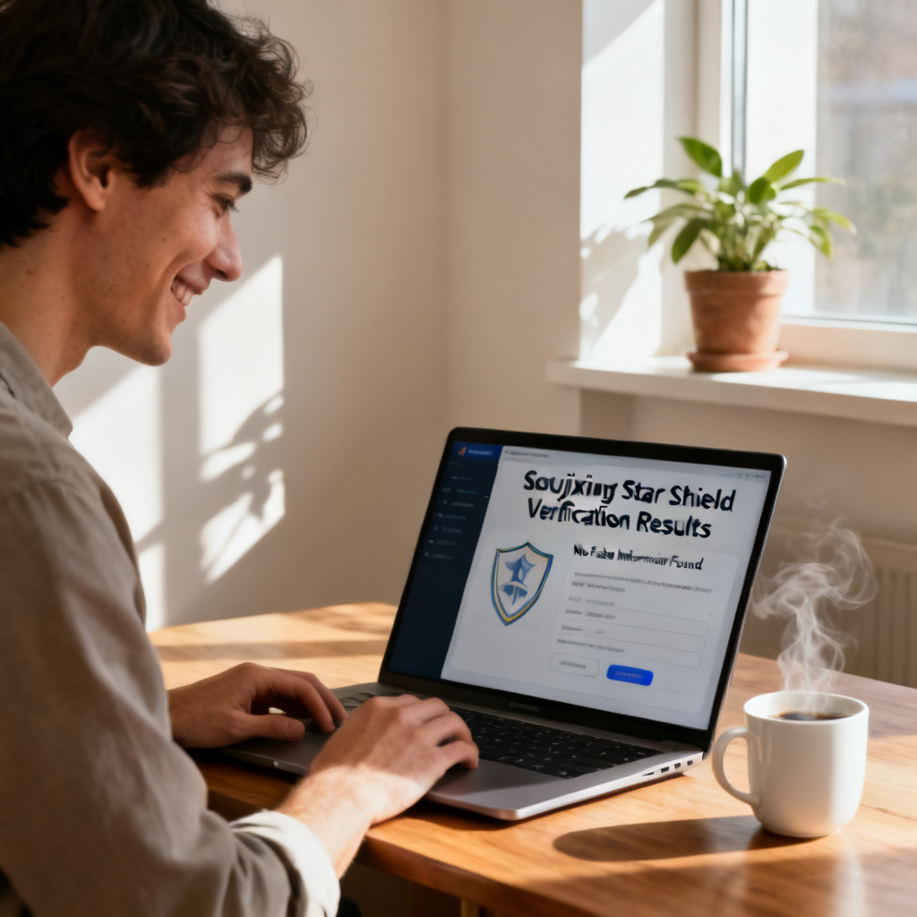 A user sitting at a desk, smiling while looking at a laptop screen displaying the Soujixing Star Shield Verification results, showing no false information found. The room is well-lit with natural light, and the user has a cup of coffee next to them, conveying a sense of relief and confidence after using the tool.