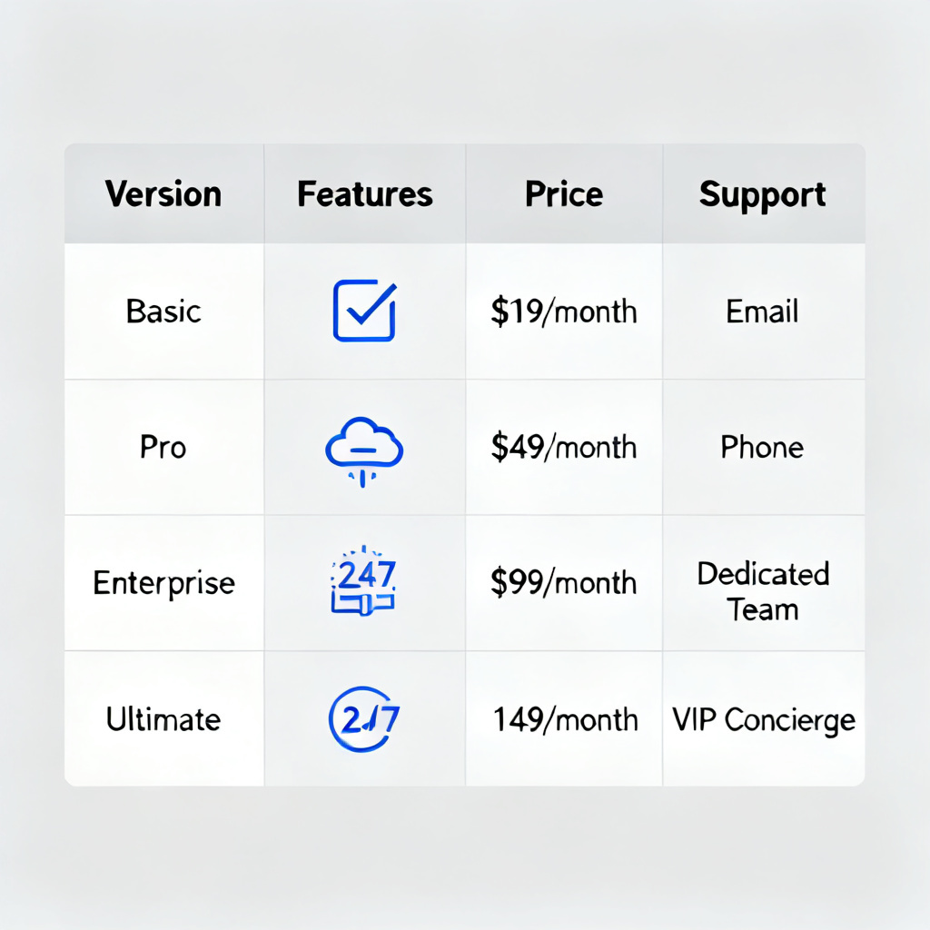 A professional comparison table with four columns showing different software versions, with price tags and feature icons, in a clean corporate infographic style