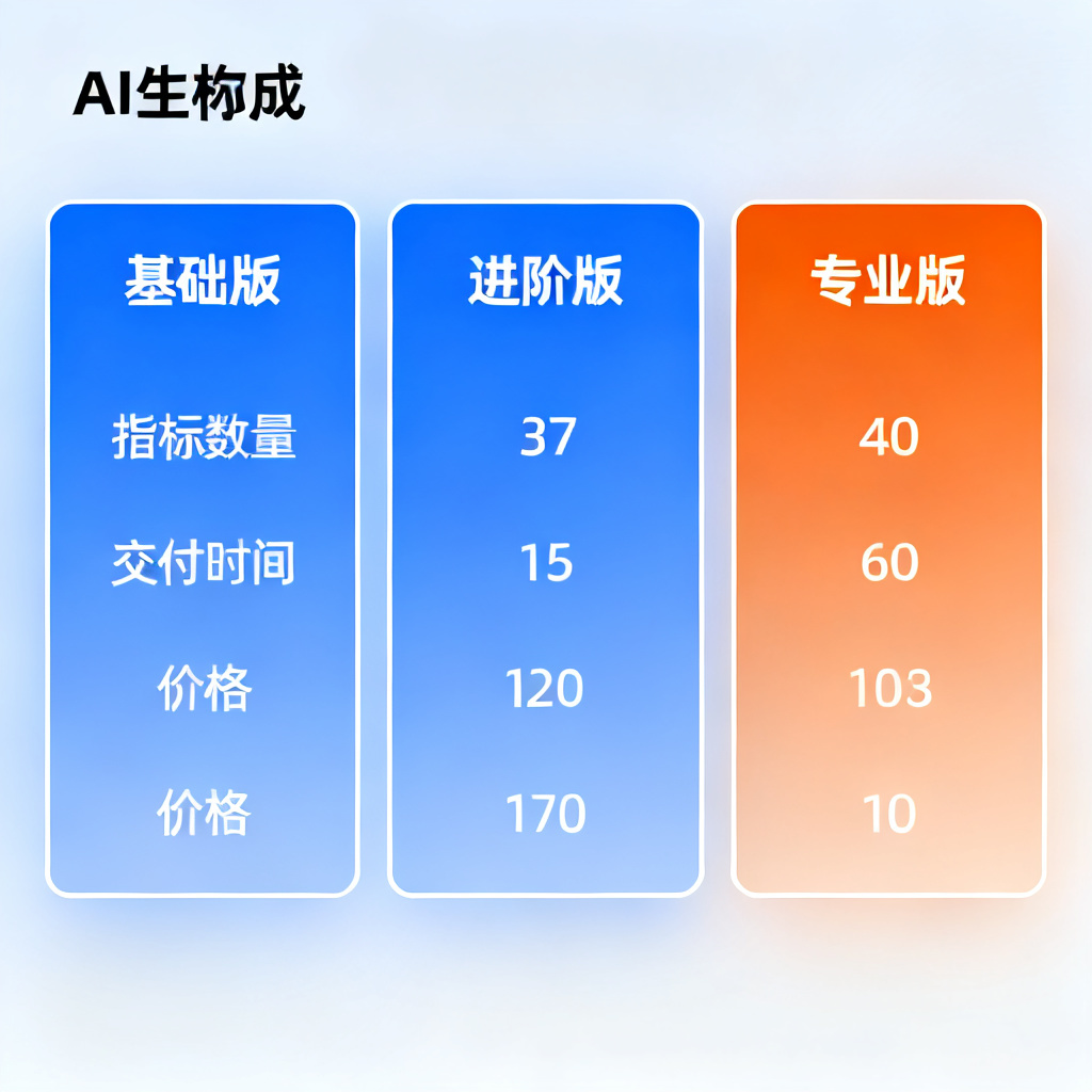 一个AI生成的图表，显示不同付费版本的功能对比，包括指标数量、交付时间和价格，使用蓝色和橙色渐变，风格现代简约