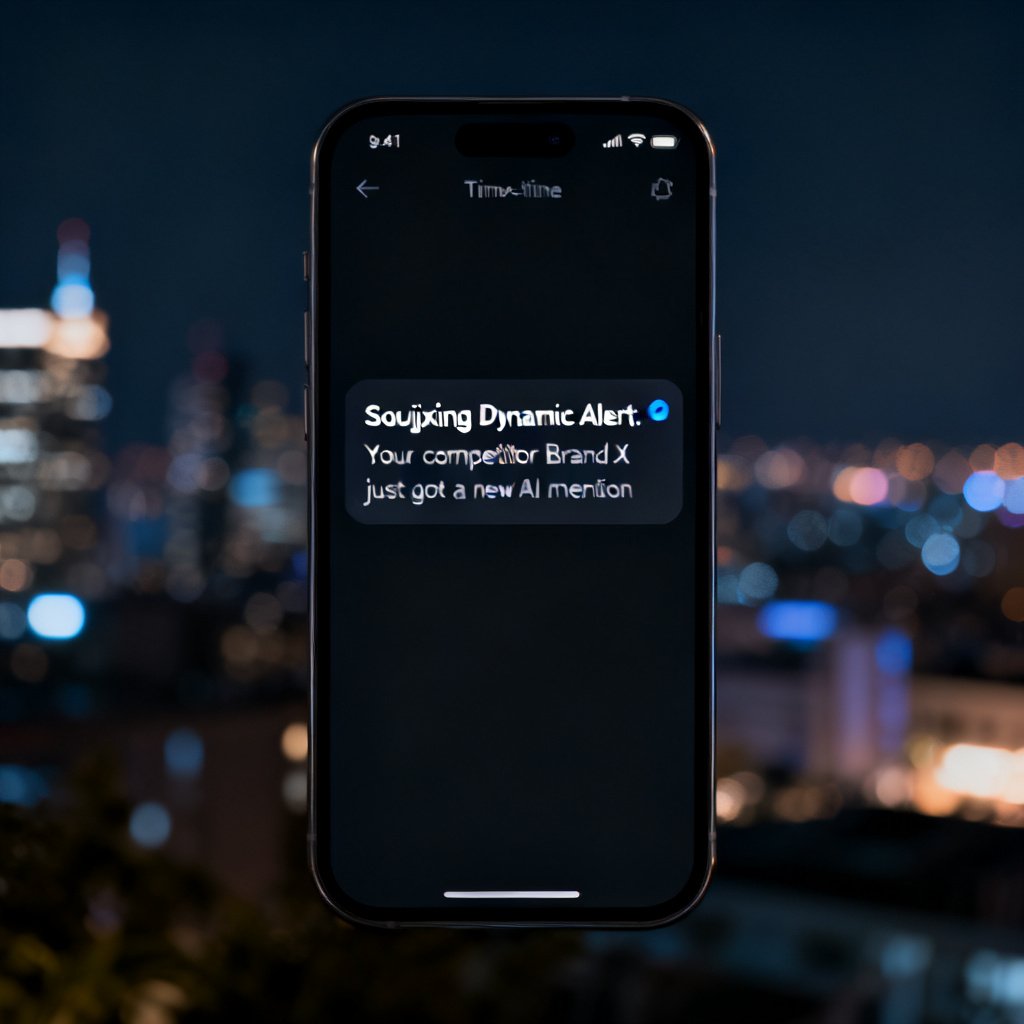A smartphone screen showing a notification: 'Soujixing Dynamic Alert: Your competitor Brand X just got a new AI mention'. The background is a blurred cityscape at night, conveying real-time monitoring. The style is modern, with a dark mode UI.