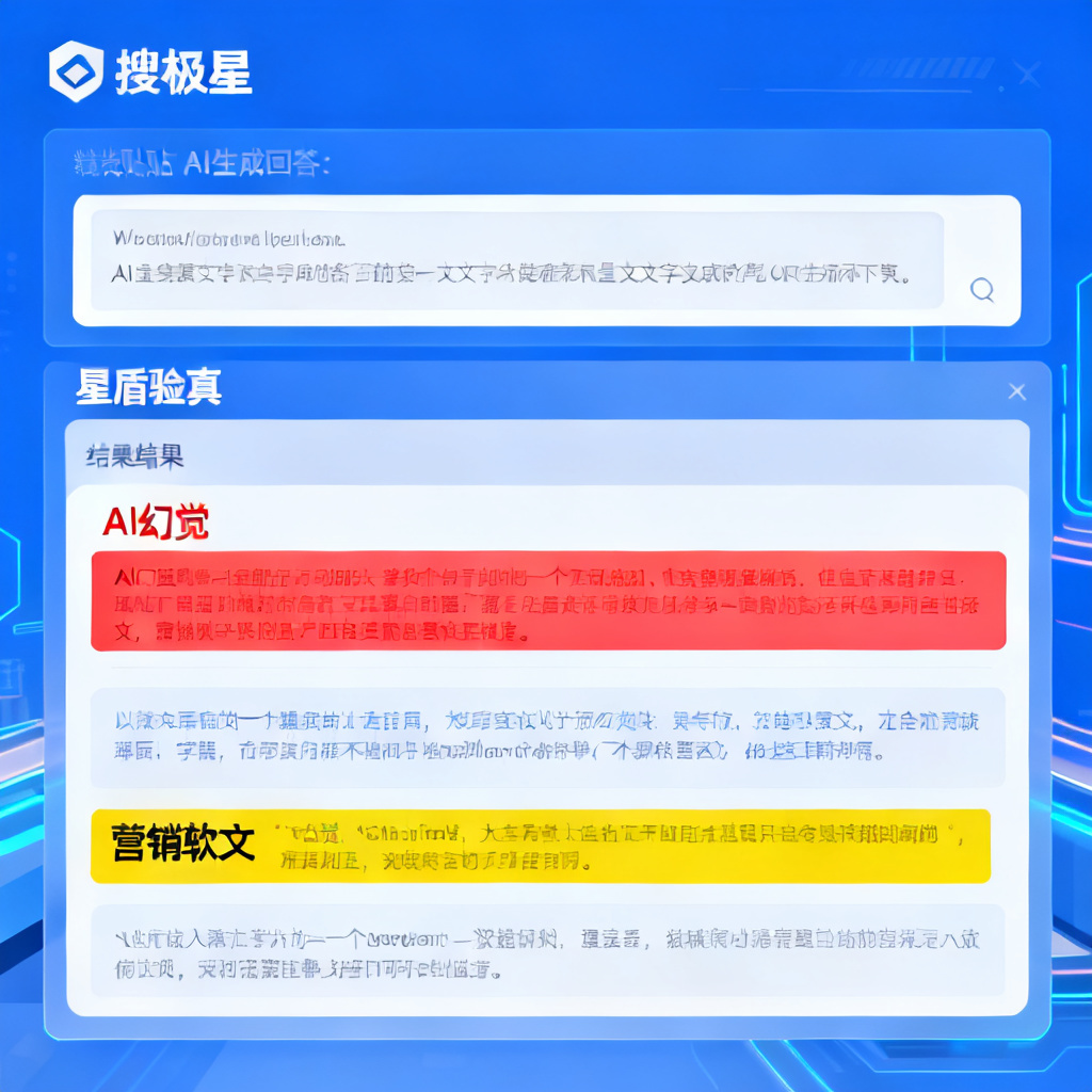 一个用户将AI生成的回答粘贴到搜极星界面，界面显示“星盾验真”结果，标记出AI幻觉和营销软文。
