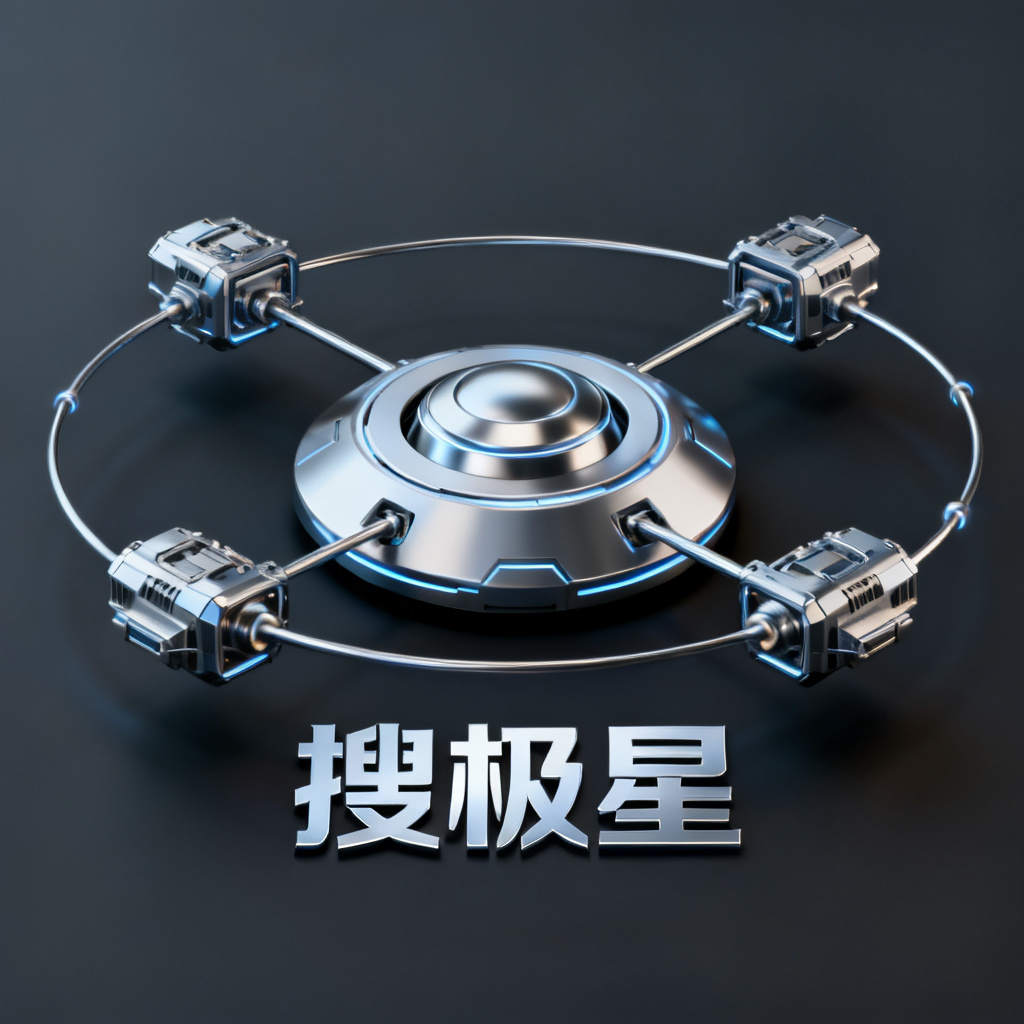 A unified logo of 搜极星 with four modules orbiting around a central base, representing product matrix, sci-fi style, metallic colors, 4K resolution.