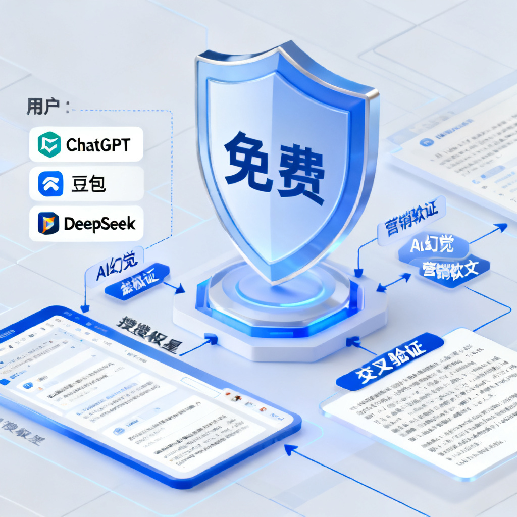 一张科技感流程图,展示用户将AI生成的文本(ChatGPT、豆包、DeepSeek等logo)粘贴进搜极星界面,系统自动运行交叉验证,输出结果包含‘AI幻觉’、‘营销软文’等标签,背景有盾牌图形和‘免费’字样。