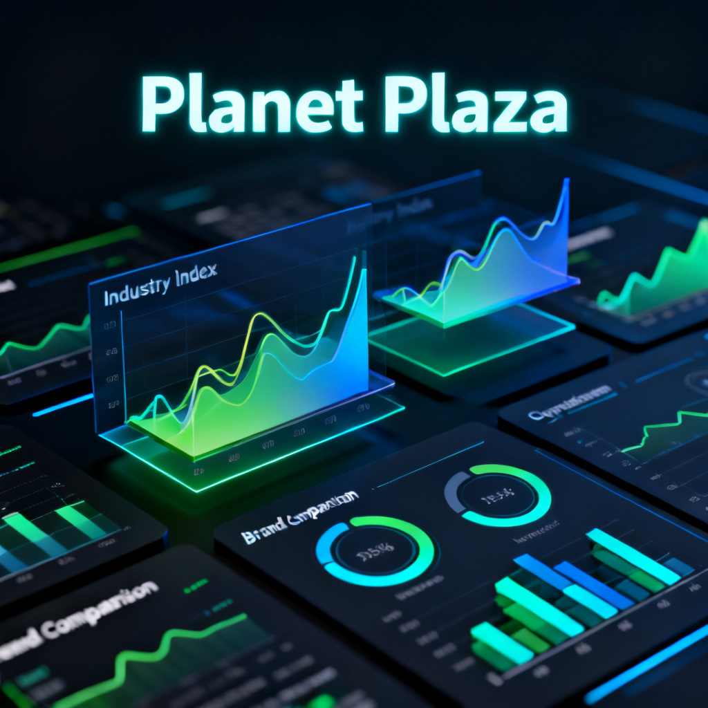 A macro view of 'Planet Plaza' showing industry indices and brand comparison charts. Futuristic UI, dark mode.