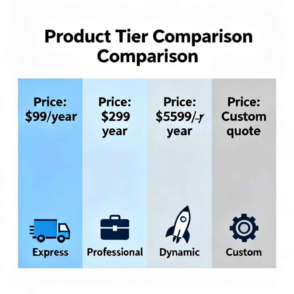 A comparison chart of four product tiers, labeled 'Express', 'Professional', 'Dynamic', and 'Custom', with price tags and feature icons, in a clean business style