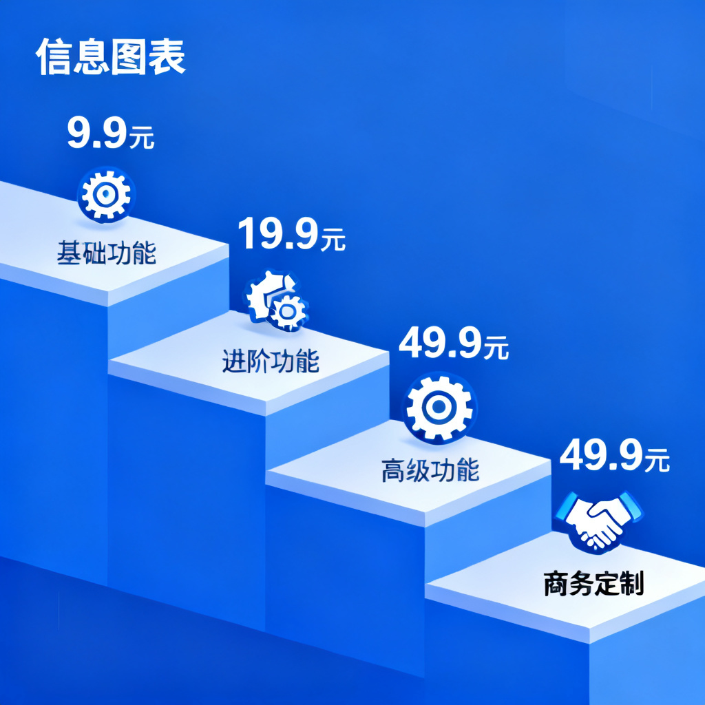 一张阶梯式价格图表，从9.9元到商务定制，每个台阶上标注对应的功能图标