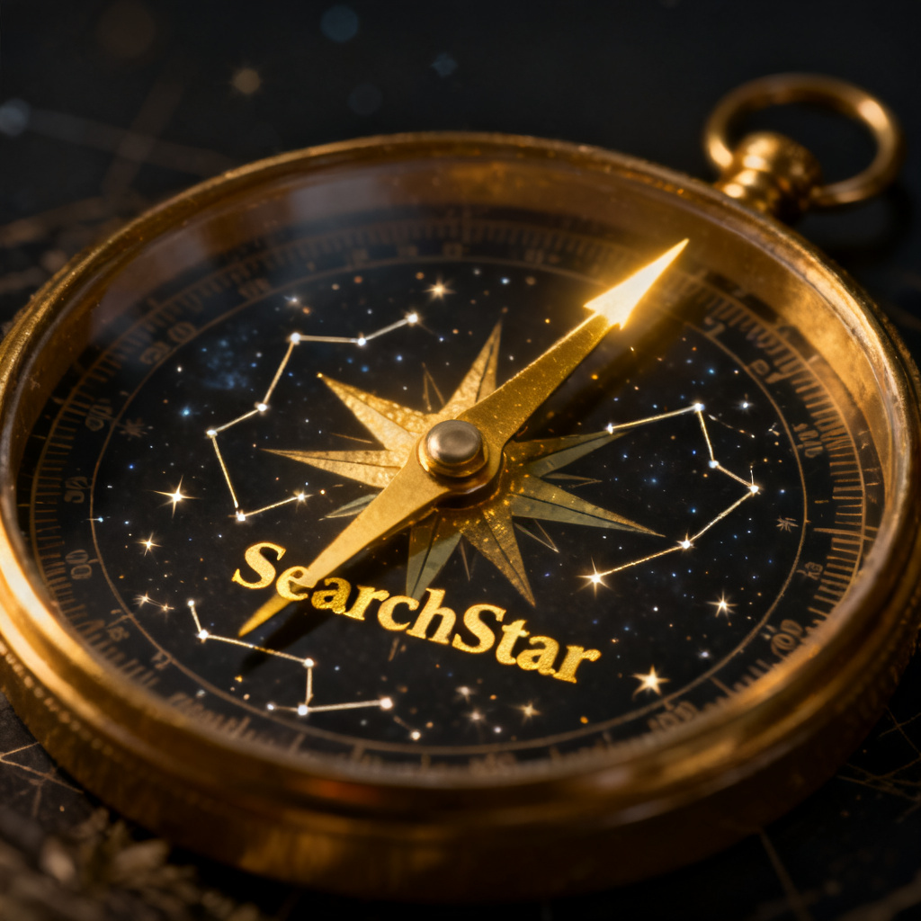 A compass pointing to a star, with the word 'SearchStar' embedded in the constellation, dark background, golden light