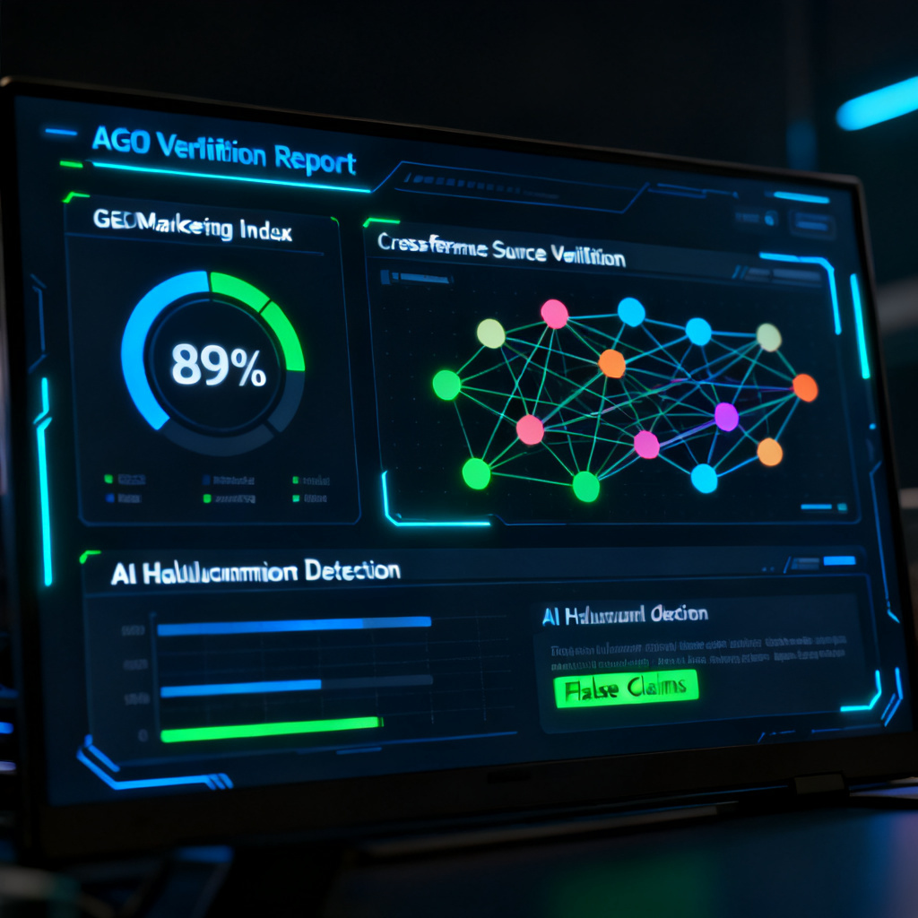A futuristic digital dashboard showing a real-time AI verification report interface. The screen displays three main metrics: a GEO Marketing Index gauge at 89%, a cross-reference source verification panel with multiple colored nodes connected by lines, and an AI hallucination detection section with highlighted false claims. The interface is clean, dark-themed, with neon blue and green accents.