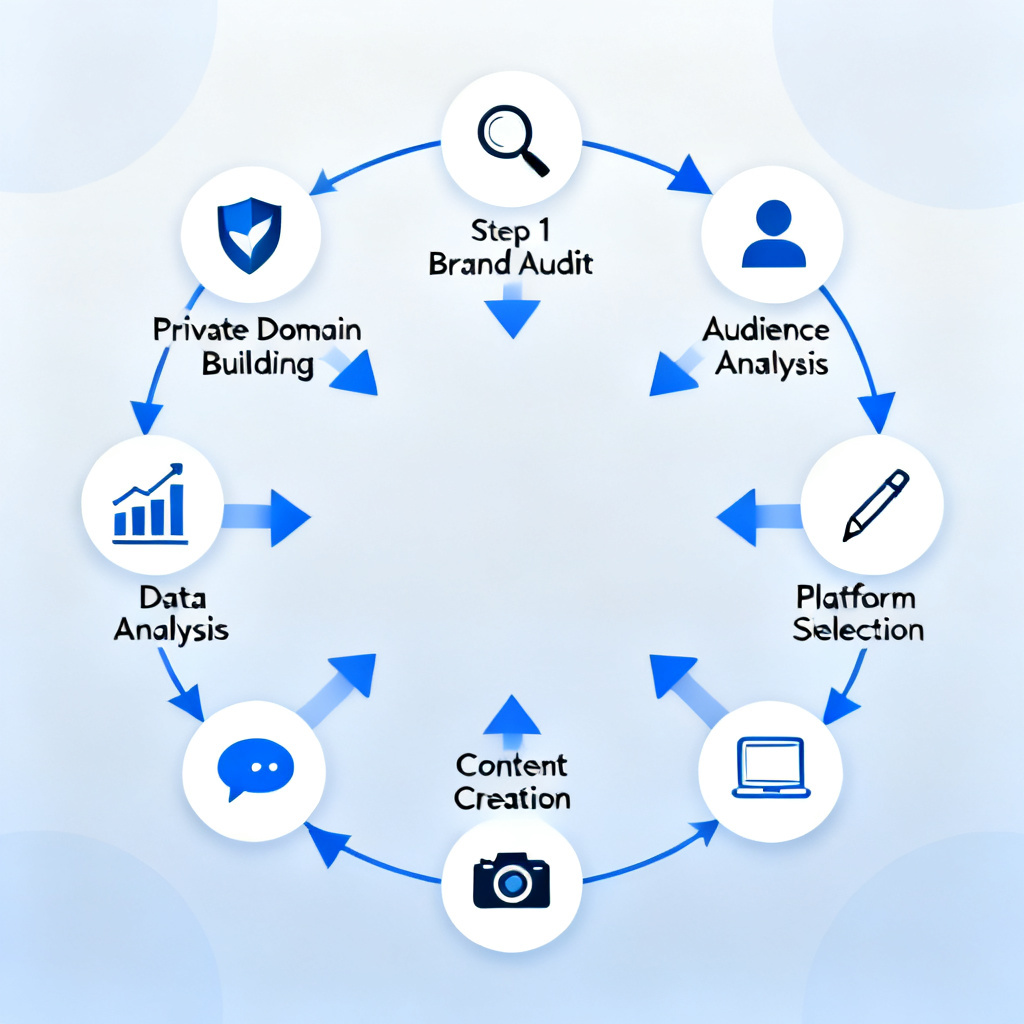 An 8-step circular flow diagram showing stages from brand audit to private domain building, with arrows and icons for each step.