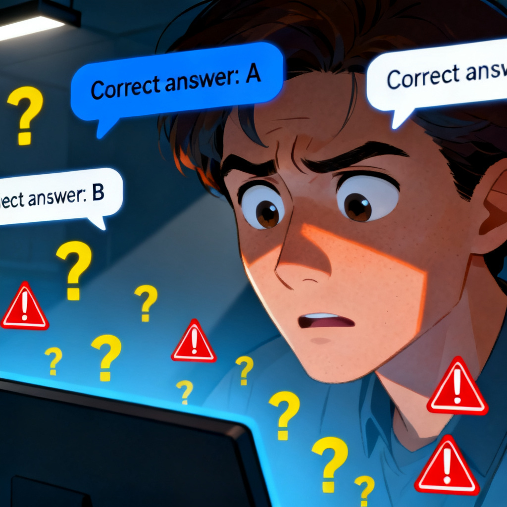A confused person staring at a computer screen with multiple AI chat bubbles showing contradictory information, surrounded by question marks and red warning icons.