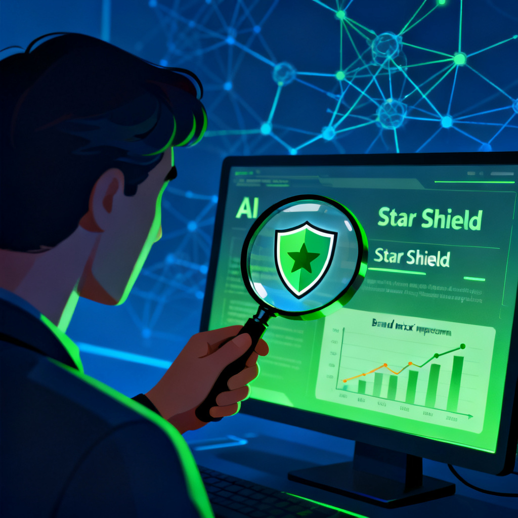 A futuristic illustration of a person using a magnifying glass to examine AI-generated text on a screen. The magnifying glass reveals a shield icon labeled 'Star Shield' and a graph showing brand index improvement. Background has abstract neural network patterns. Color palette: deep blue and neon green.
