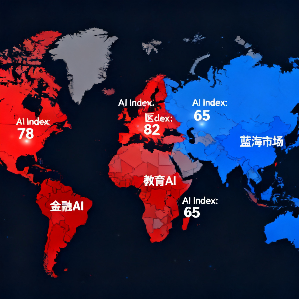 一张全球地图风格的数据可视化，显示不同行业的AI Index指数，热点区域高亮，突出蓝海市场。