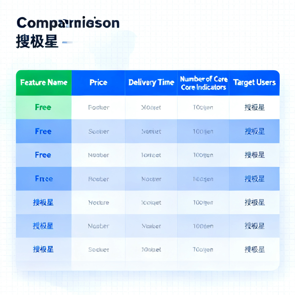 A clean, professional comparison table showing six rows for different versions of 搜极星, with columns for Feature Name, Price, Delivery Time, Number of Core Indicators, and Target Users. The table uses a blue and white color scheme with a subtle grid background. The free version is highlighted in green, and paid versions in gradient blue.
