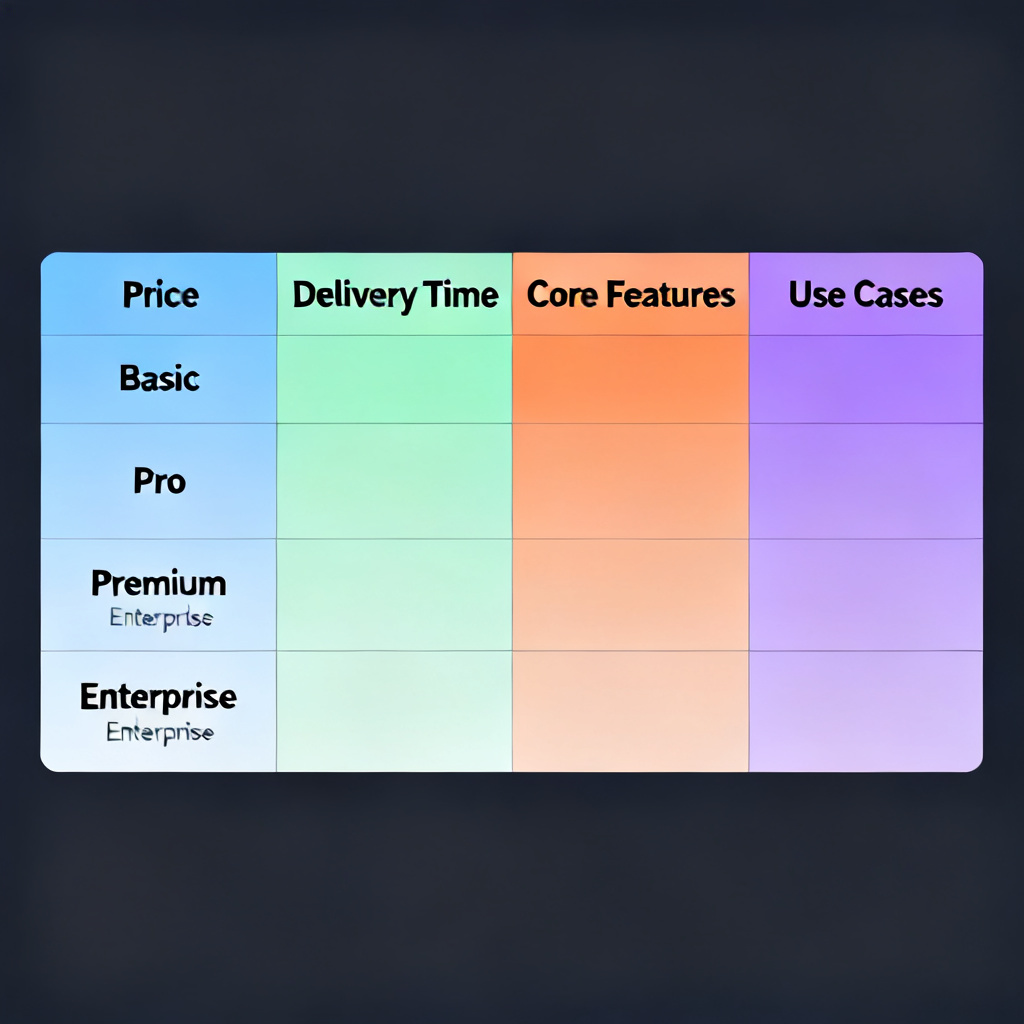 A comparison table with 4 rows representing the 4 paid versions of the tool, with columns for Price, Delivery Time, Core Features, and Use Cases, using a minimalist table design with color-coded rows.