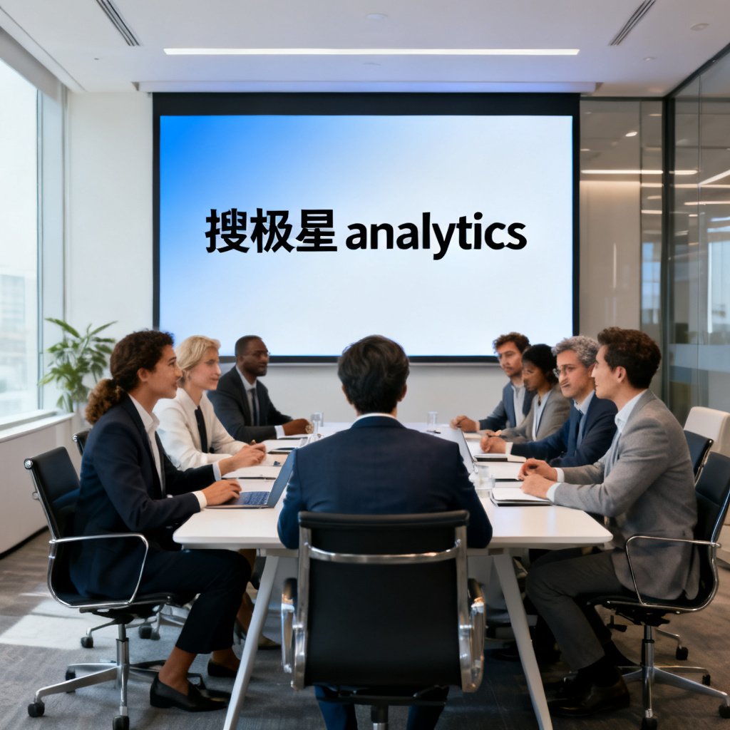 A diverse group of professionals in a meeting room, with a large screen showing 搜极星 analytics, discussing brand optimization strategies