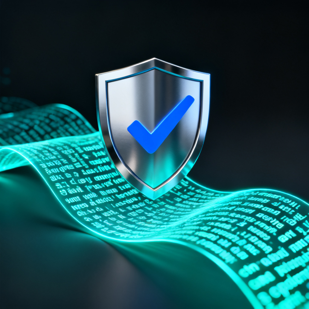 A futuristic digital display showing a shield with a checkmark overlaid on a stream of text, symbolizing AI content verification.