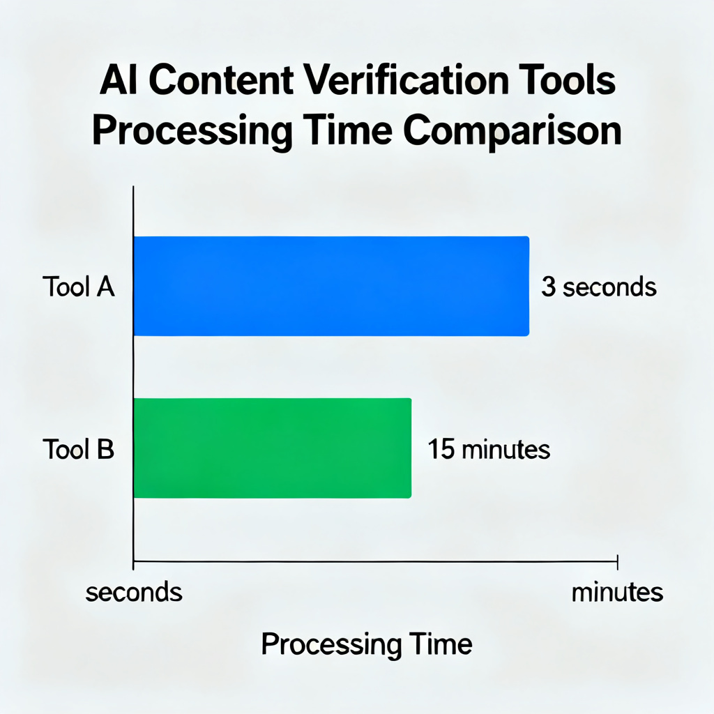 Comparison chart of AI content verification tools, with a bar graph showing processing time: 3 seconds vs 15 minutes, minimalist design.