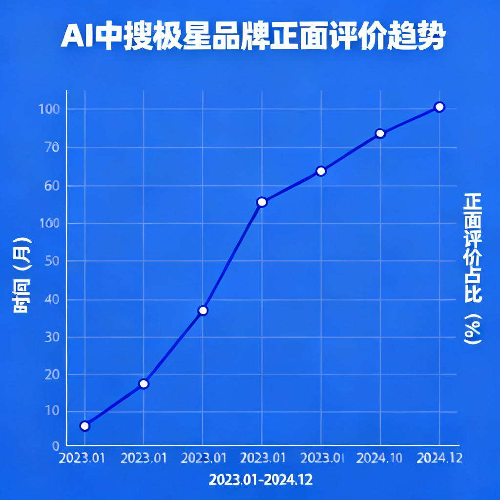 一个品牌在AI中的正面评价趋势折线图，数据从低到高上升，背景为搜极星品牌色，风格专业严谨，适合商业报告