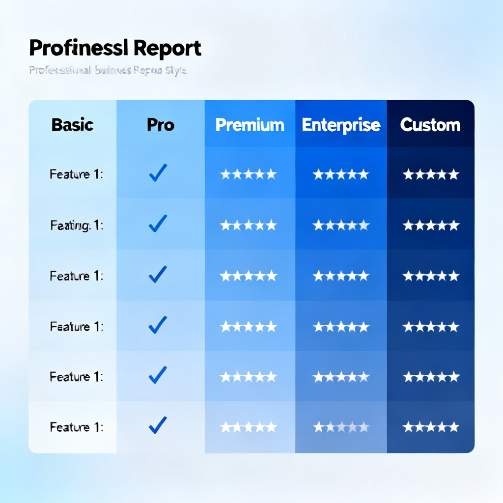 A clean comparison table with five columns, each representing a pricing tier of the tool, using gradient colors from light blue to dark blue, with checkmarks and star ratings, professional business report style