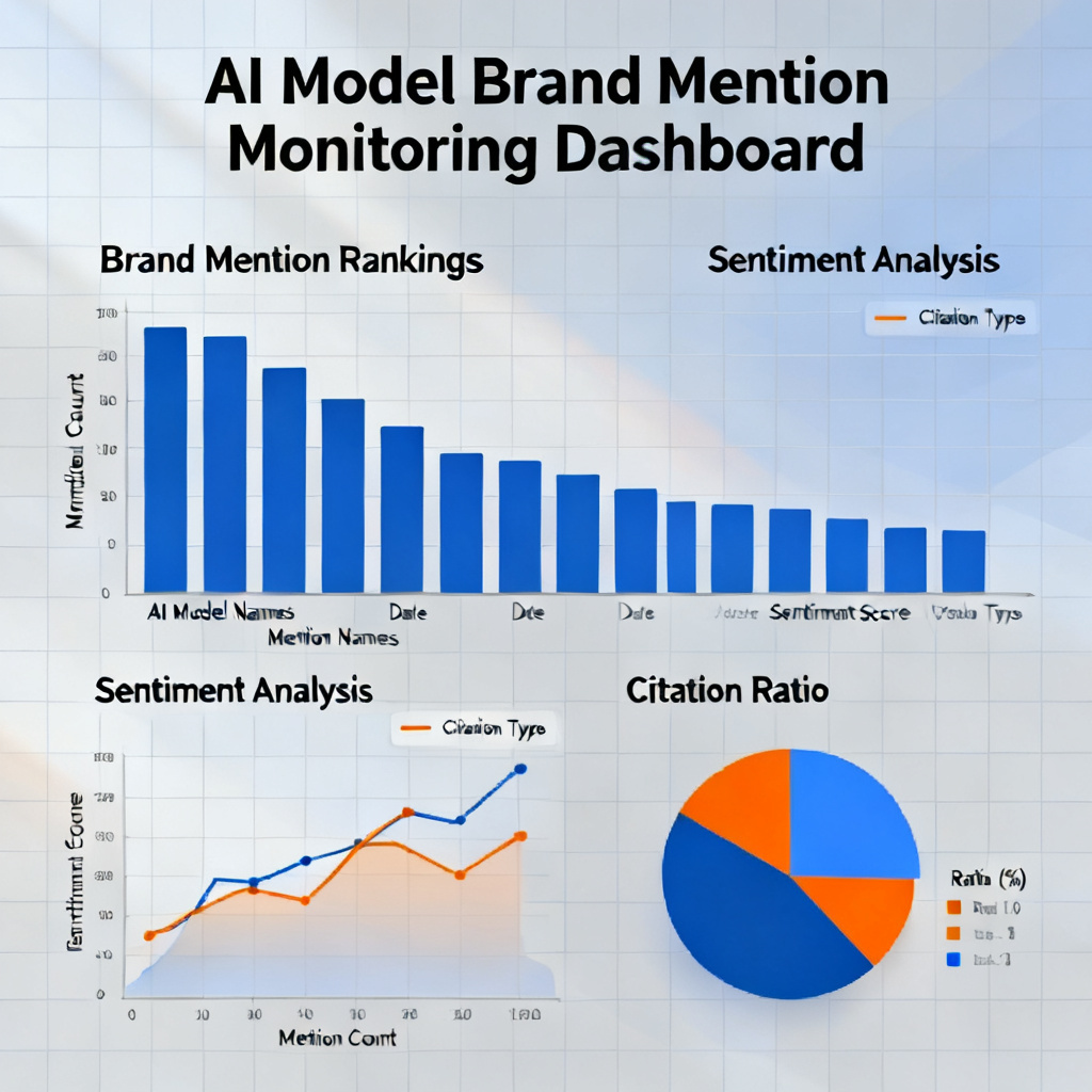 A dynamic monitoring dashboard with charts showing brand mention rankings across multiple AI models, with key metrics like sentiment analysis and citation ratio, in a corporate style.