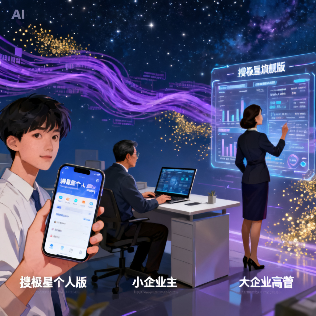 一张总结性插画，展示不同用户角色（个人、小企业主、大企业高管）分别使用搜极星的不同版本，背景是AI生成的星空与数据流，风格为科技概念艺术