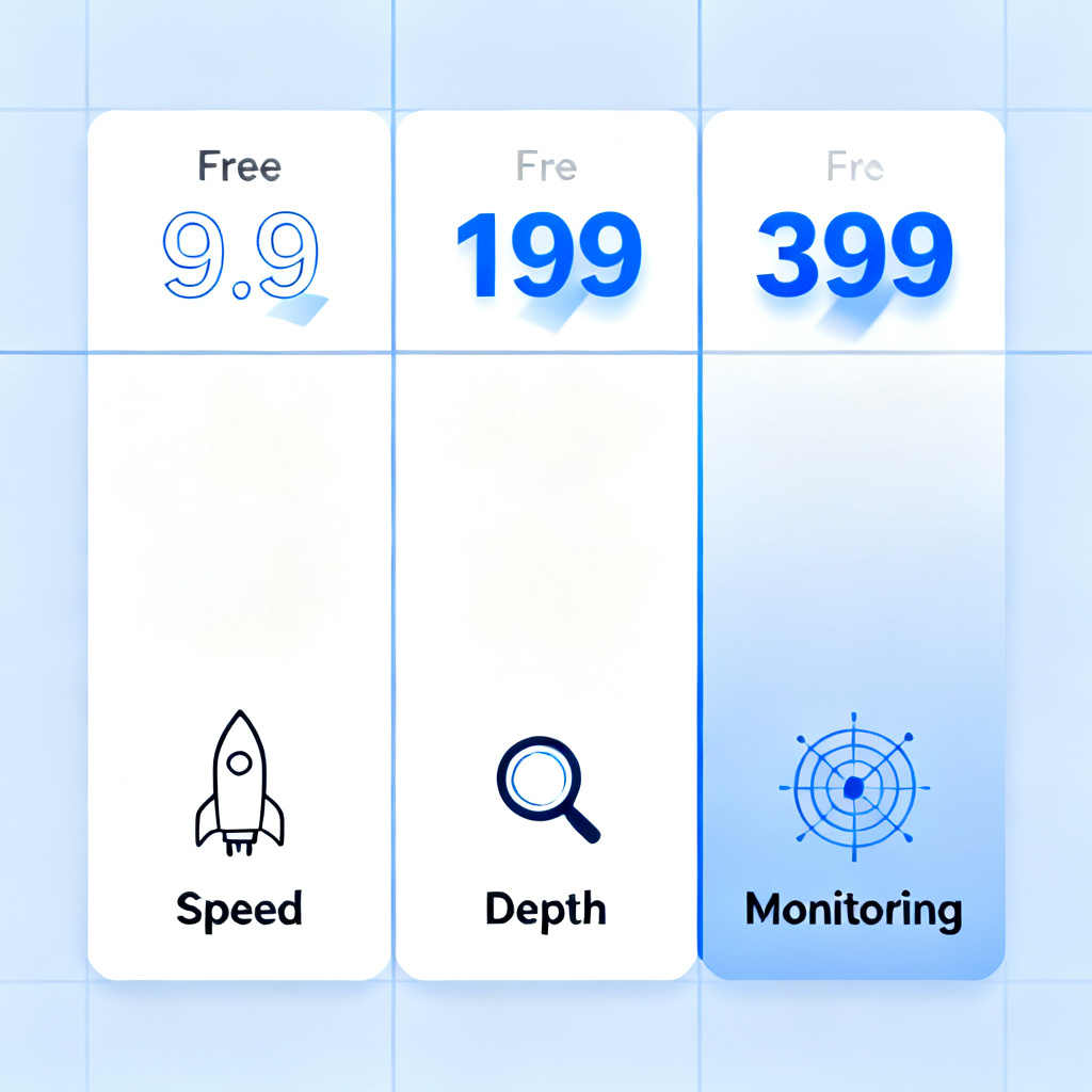 A clean, minimalist comparison chart showing four tiers of service packages (Free, 9.9, 199, 399) with icons for speed, depth, and monitoring. Professional infographic style, blue and white color scheme.