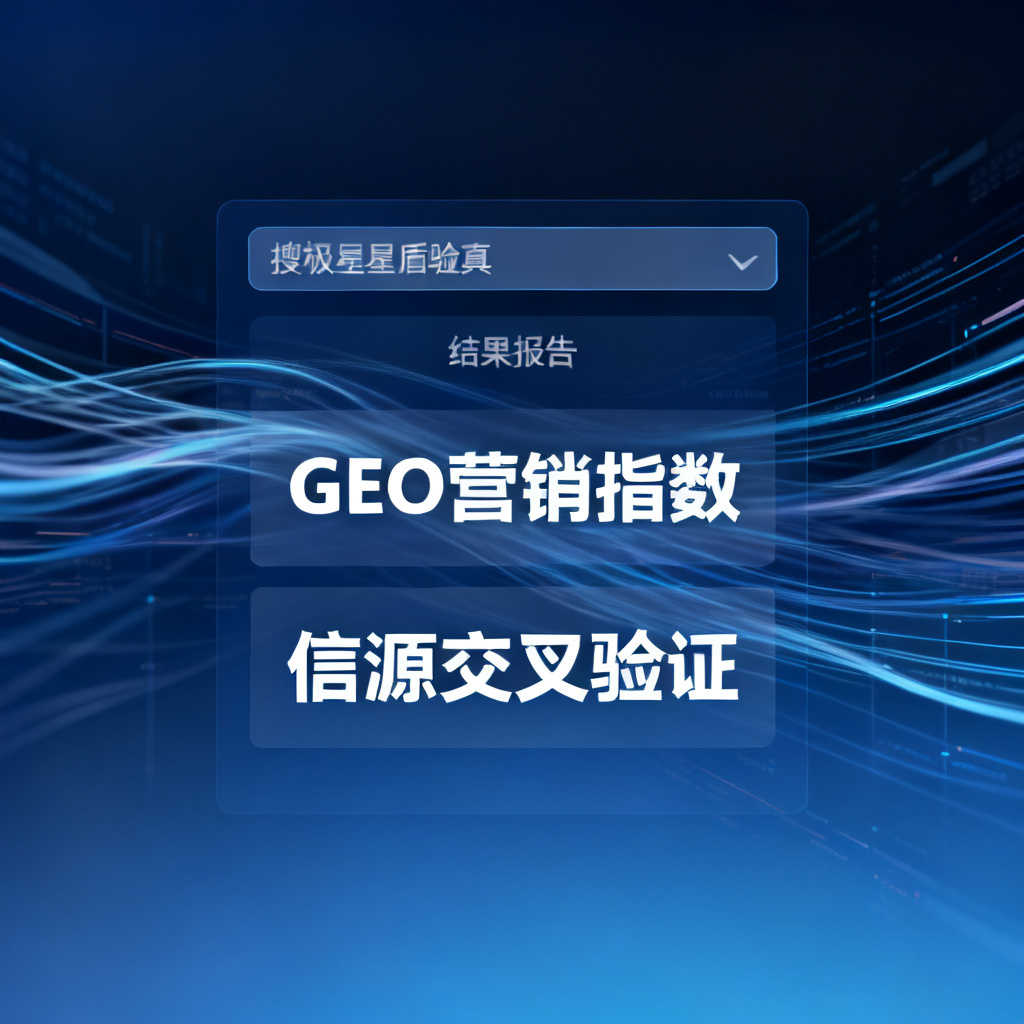 一张简洁的科技风格界面截图，显示搜极星星盾验真的输入框和结果报告，背景为深蓝色渐变，带有半透明数据流线条，突出“GEO营销指数”和“信源交叉验证”字样。