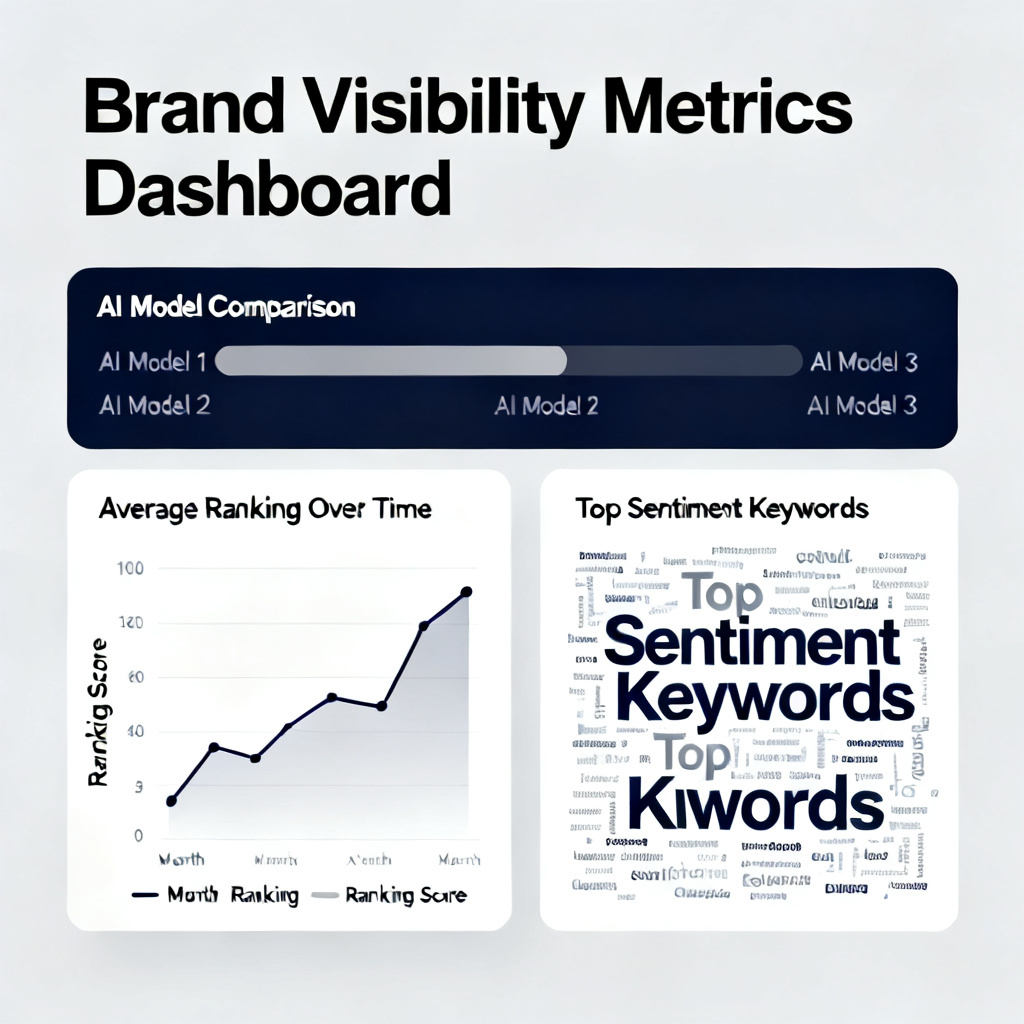 A dashboard interface displaying brand visibility metrics across multiple AI models, with graphs for average ranking and sentiment keywords, in a professional business analytics style.
