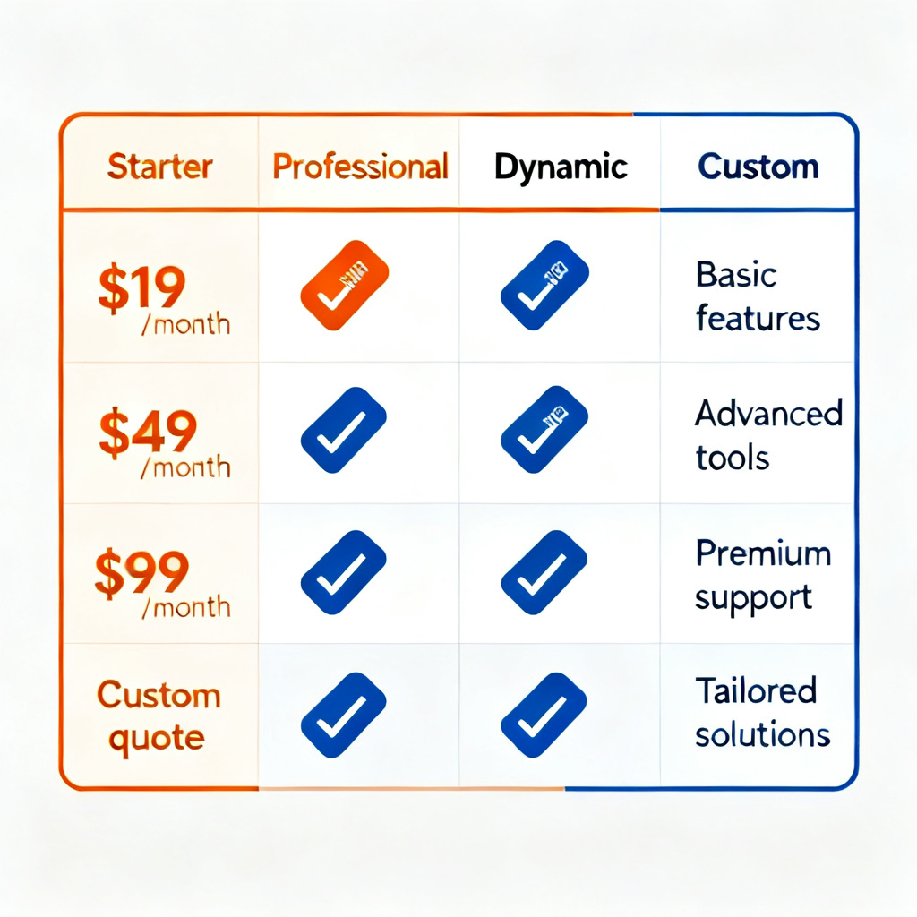 A comparison table with four columns showing different plans (Starter, Professional, Dynamic, Custom) with price tags and check marks for features, in a modern infographic style with orange and blue accents
