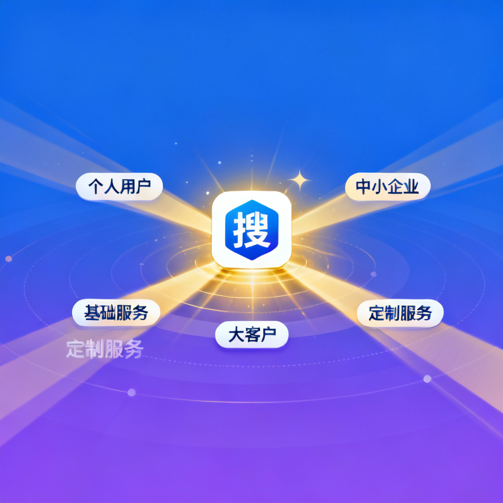 不同用户群体（个人、中小企业、大客户）围绕搜极星图标，图标发出光芒，象征从免费到定制的全场景覆盖
