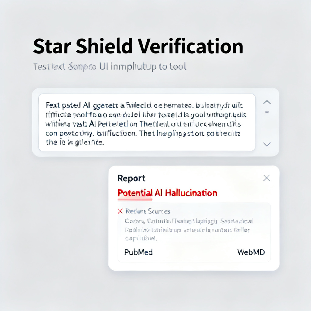 A user interface mockup showing the "Star Shield Verification" tool in action: a user pastes an AI-generated text into an input box, and a report pops up highlighting "Potential AI Hallucination" in red, with cross-referenced sources from PubMed and WebMD