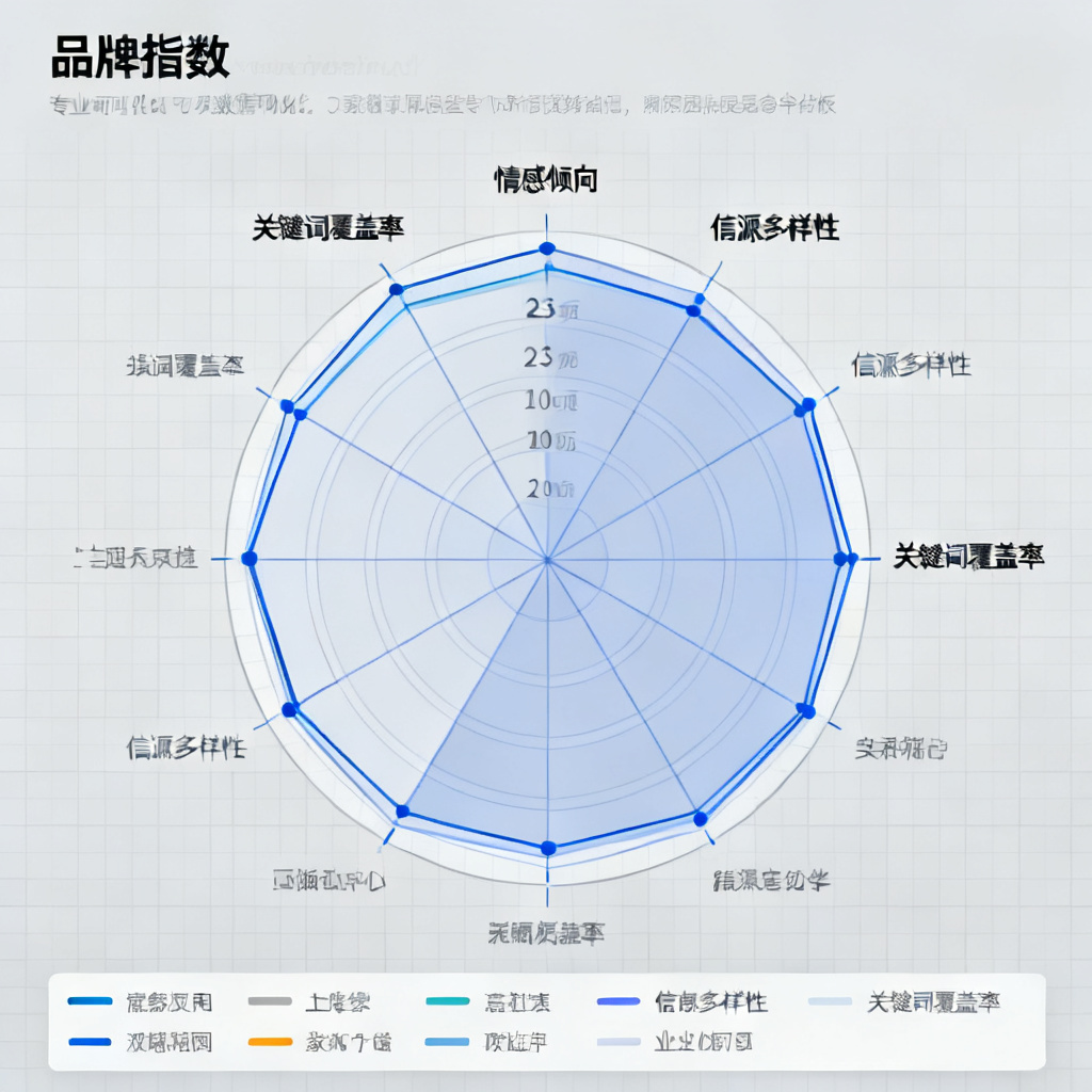 一张数据看板截图,显示品牌指数雷达图,包含23项指标,如情感倾向、信源多样性、关键词覆盖率等,风格专业