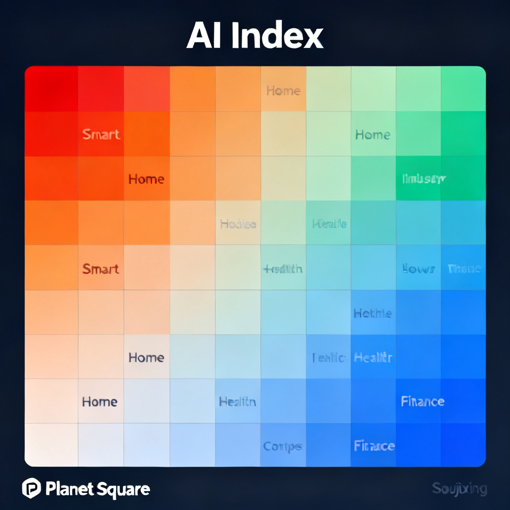 A heatmap of "AI Index" industry indices in "Planet Square" from Soujixing, showing different colors for various industries like smart home, healthcare, and finance, representing AI competition intensity