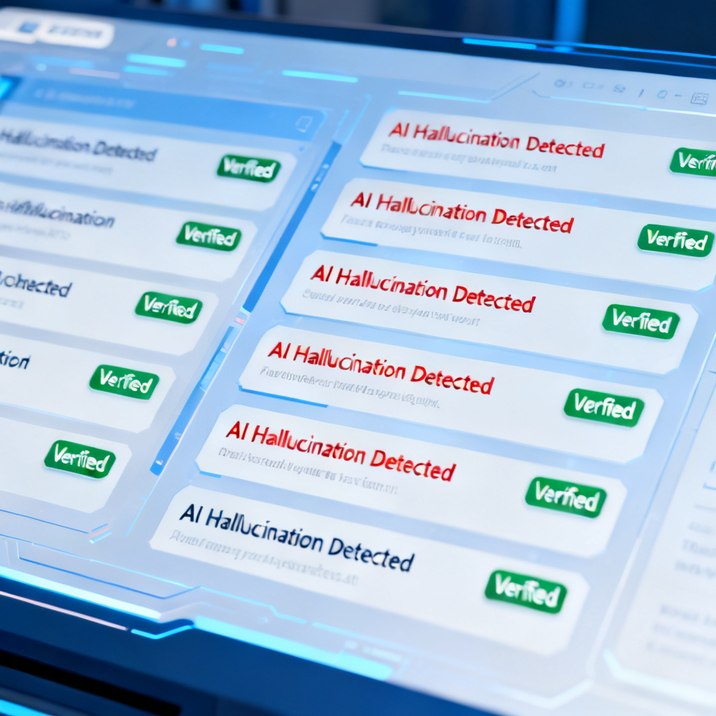 A futuristic dashboard interface showing AI content verification results, with a red "AI Hallucination Detected" alert and green "Verified" badges next to multiple text snippets, designed in a clean tech aesthetic with blue and white color scheme