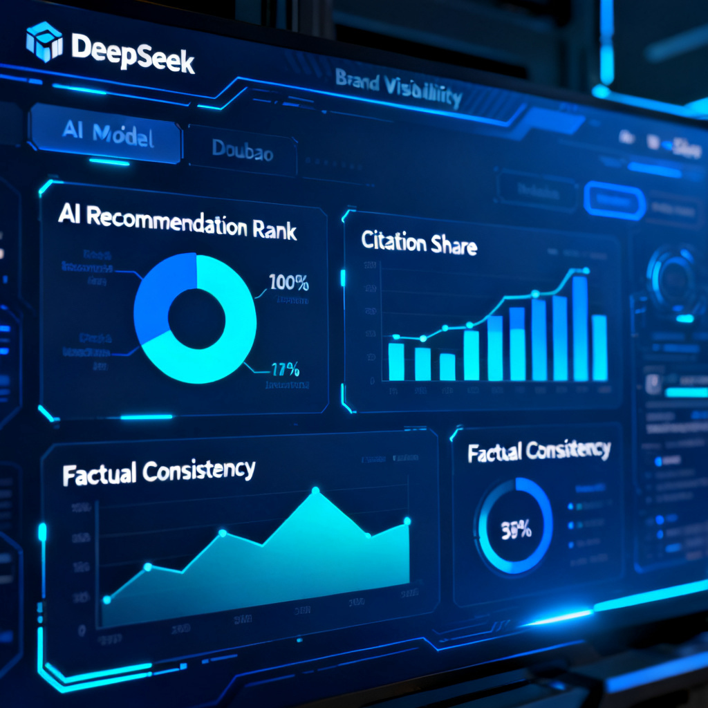 A futuristic digital dashboard displaying real-time brand visibility metrics across multiple AI models like DeepSeek and Doubao, with color-coded graphs showing "AI Recommendation Rank", "Citation Share", and "Factual Consistency" percentages, set against a dark blue tech background