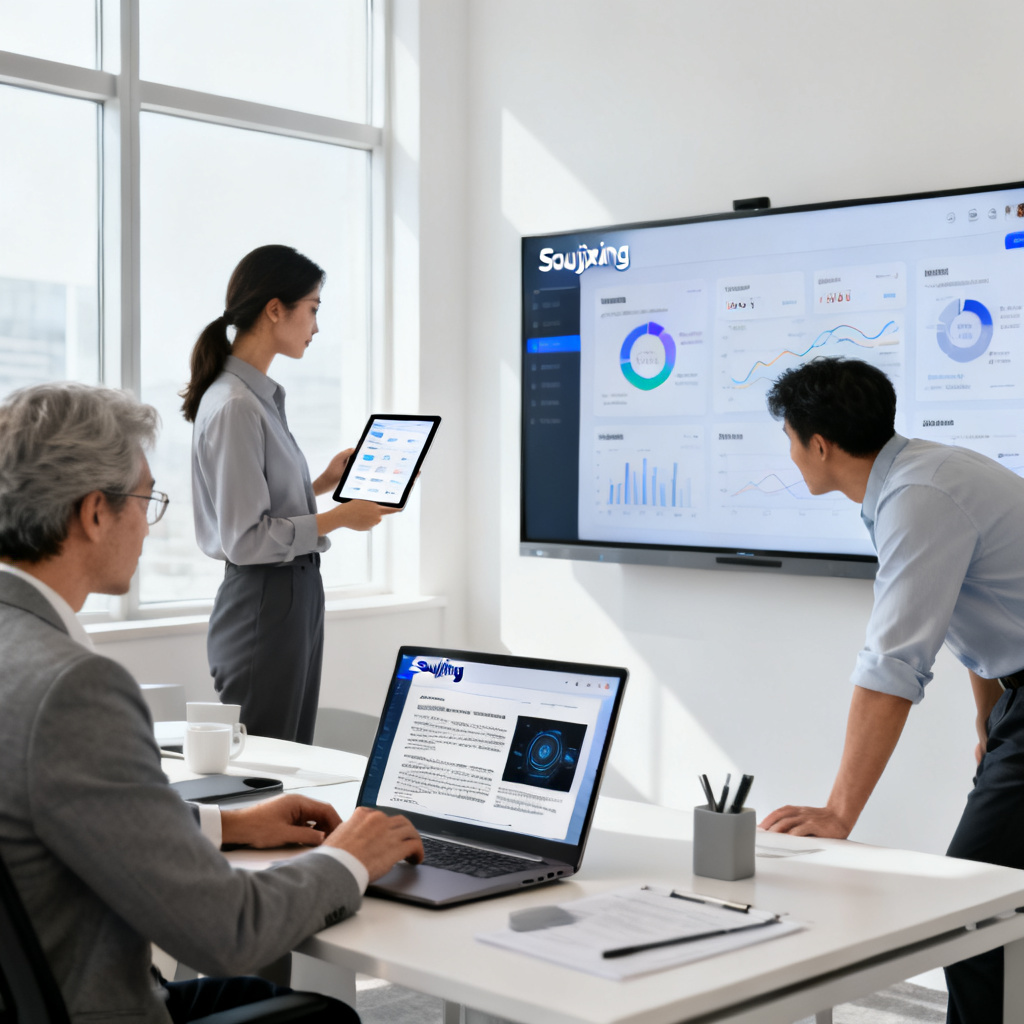 A diverse group of professionals: a journalist verifying an AI article on a laptop, a marketing manager viewing a brand dashboard on a tablet, and an analyst browsing industry trends on a large screen. All screens show the 'Soujixing' interface. Modern office setting, natural lighting.
