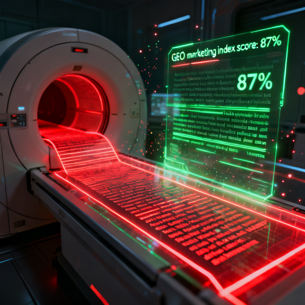A futuristic CT scanner analyzing a block of text, with glowing red lines highlighting false claims and green lines showing verified sources, displayed on a holographic interface with a GEO marketing index score of 87%