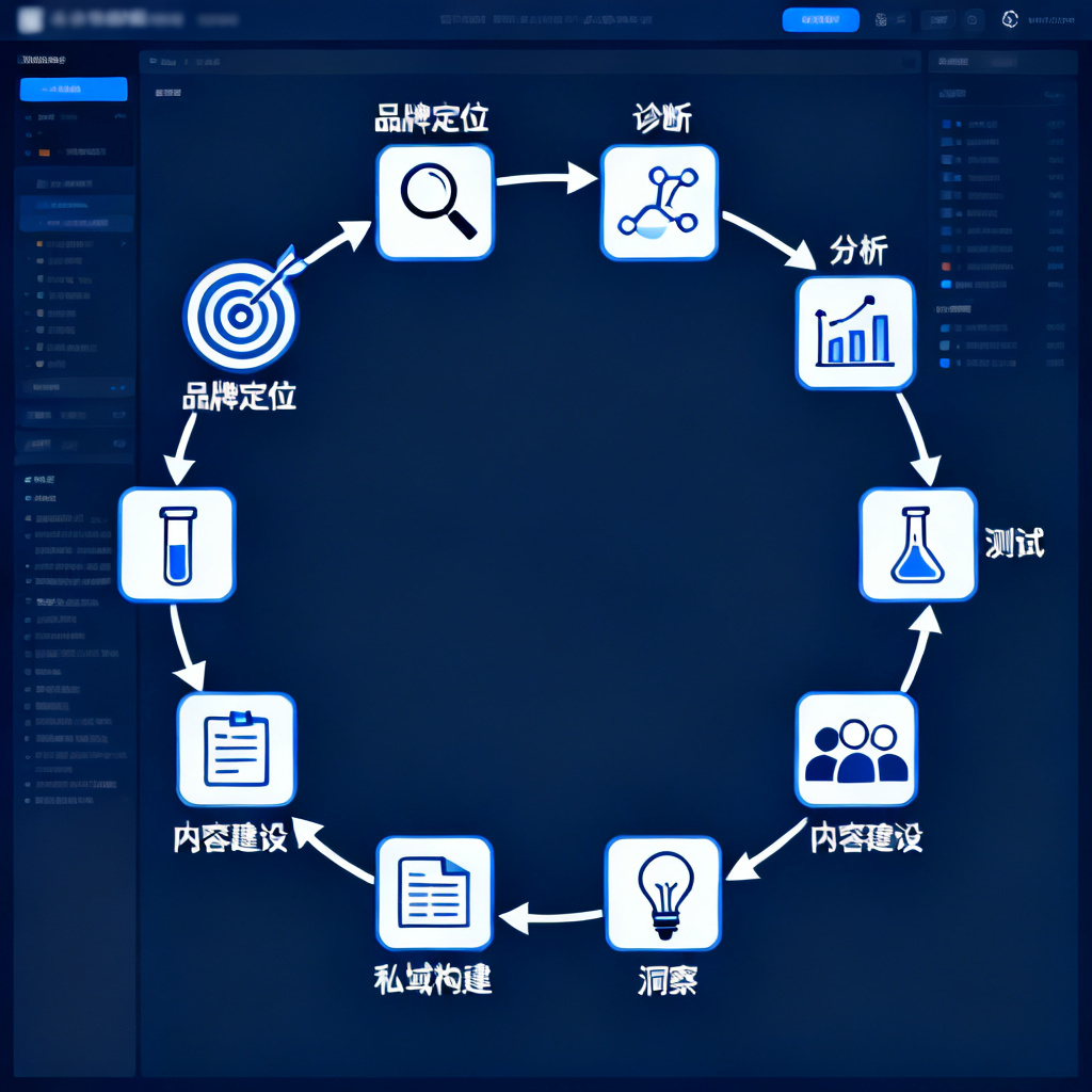 A flowchart showing the 8-step process of 搜极星's AI MANAGED OPS: 品牌定位 → 诊断 → 分析 → 测试 → 内容建设 → 私域构建 → 洞察 → 复盘. Each step is represented by an icon, with arrows connecting them in a circular loop. The background is a professional, dark-blue dashboard.